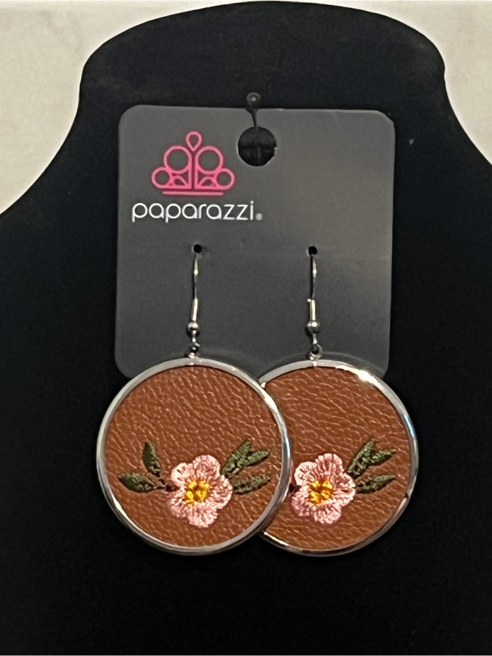 Paparazzi Brown Floral Embroidered Disc Earrings